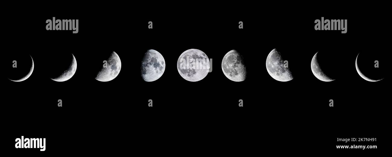 Panorama of the nine waxing and waning moon phases, London & Cornwall, UK Stock Photo