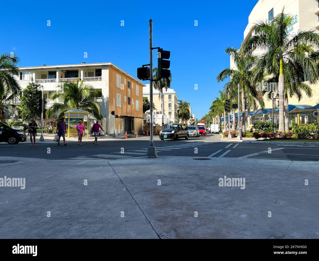 Nassau, Bahamas - December 9, 2021:  A typical street in downtown Nassau, Bahamas on a sunny day. Stock Photo