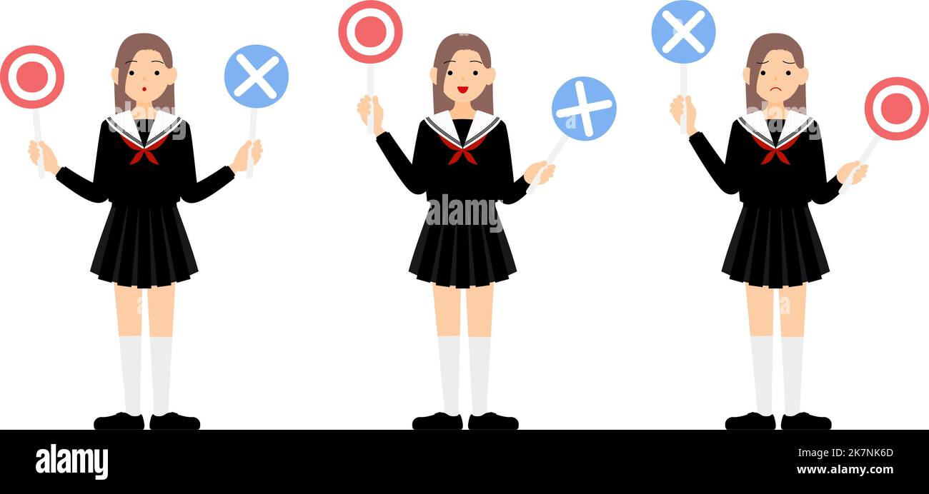 Set of girls in sailor school uniforms answering a question with a