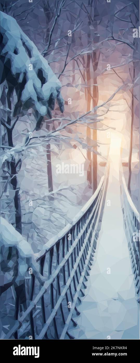 Winter forest with rope bridge. At the end of the bridge is warm golden light. Snowfall. Vector in Low Poly Art. Stock Vector