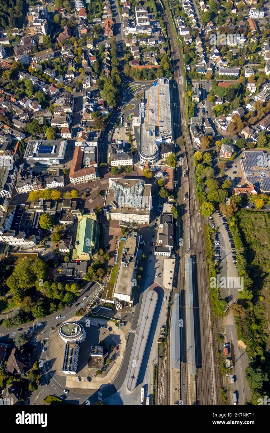 Aerial view, Unna train station, city hall, catholic church St. Katharina, new building shopping center Neue Mühle, former area Mühle Bremme, Unna, Ru Stock Photo