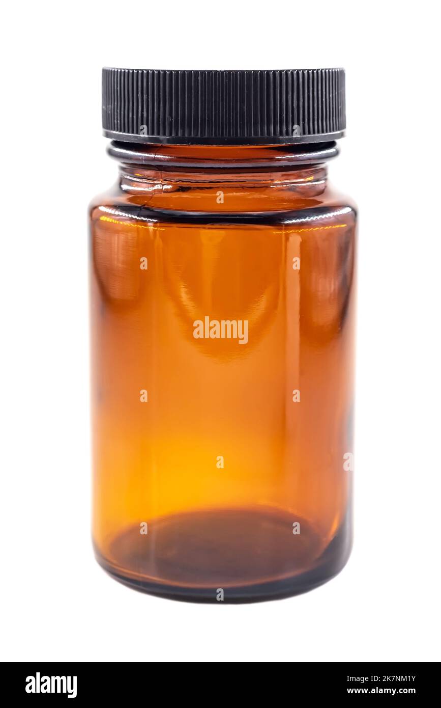 Medical bottle in brown for capsules and tablets on a white background. Packaging for medical