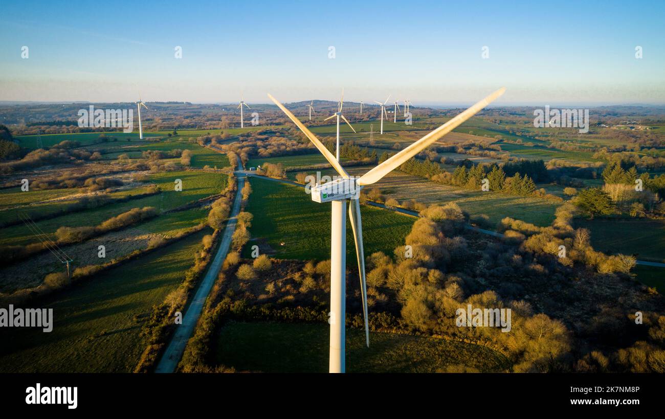 EDP Renewables windmills on the site of Guerharo in La Chapelle Neuve (Brittany, north western France) Stock Photo