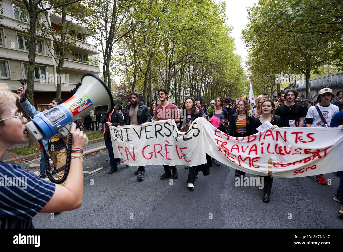 PARIS, FRANCE - October 18, 2022 : Demonstration in the streets of Paris for better wages, against the pensions reform and the right of strike. Stock Photo