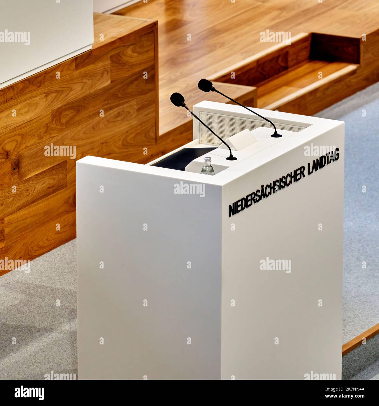 Hannover, Germany, June 11, 2022: Empty lectern in the parliament of Lower Saxony with black microphones Stock Photo