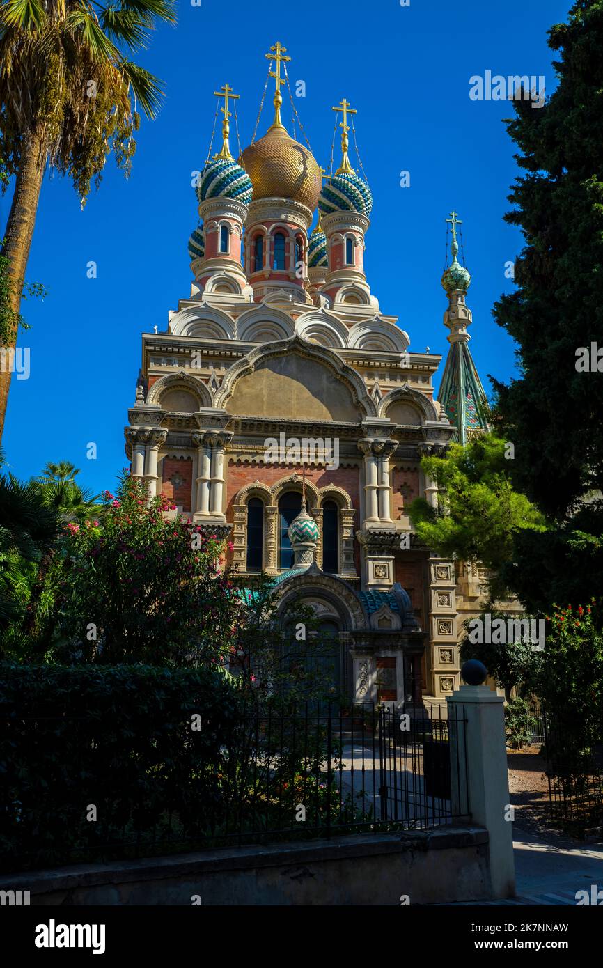 The Russian Orthodox Church was consecrated to the Saviour, to Saint Catherine the martyr, and to Saint Serafim of Sarov, Sanremo, Liguria region, Ita Stock Photo