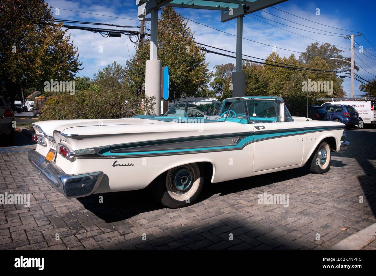 A beautiful 1959 Edsel Corsair convertible parked near the aquarium in Riverhead, Long Island, New York City. Stock Photo