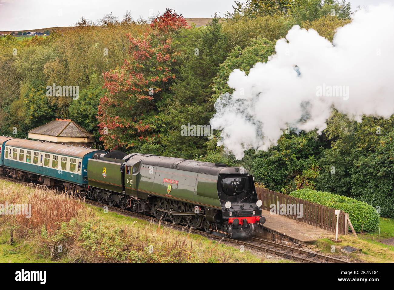 The City of Wells steam locomotive at Irwell Vale Halt durring the autumn steam gala on the East lancashire railway celebrating the Lancs and Yorkshir Stock Photo