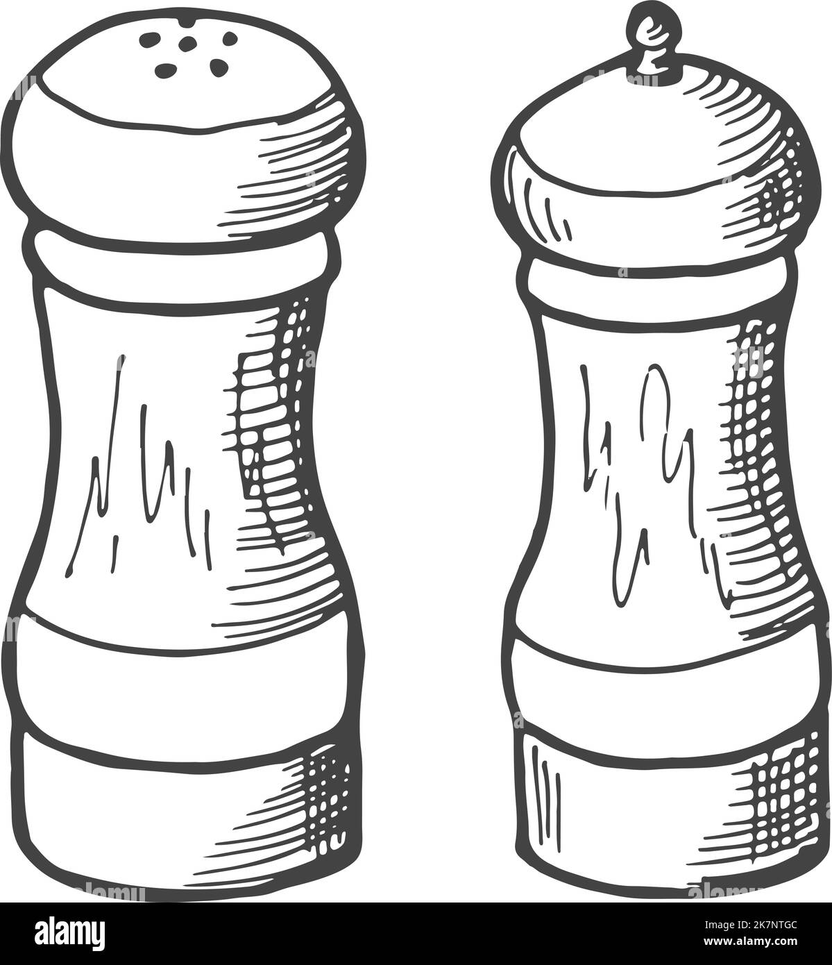 Salt and pepper shakers engravings. Cooking equipment icon Stock Vector