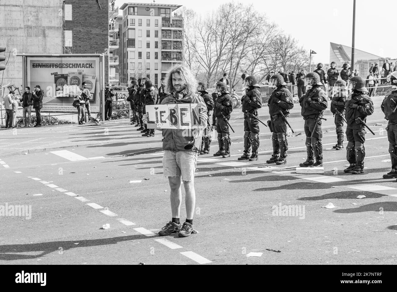 Frankfurt, Germany - March 18, 2015: people demonstrate against EZB and Capitalism in Frankfurt, Germany. 9 tsd policemen guard the demo. Stock Photo