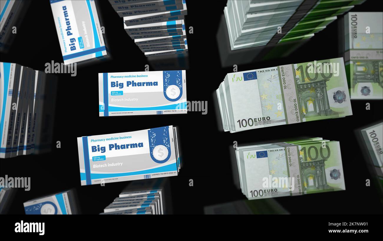 Big Pharma health box and Euro money bundle stacks. Medicine, healthcare business and pharmaceutical industry. Abstract concept 3d illustration. Stock Photo