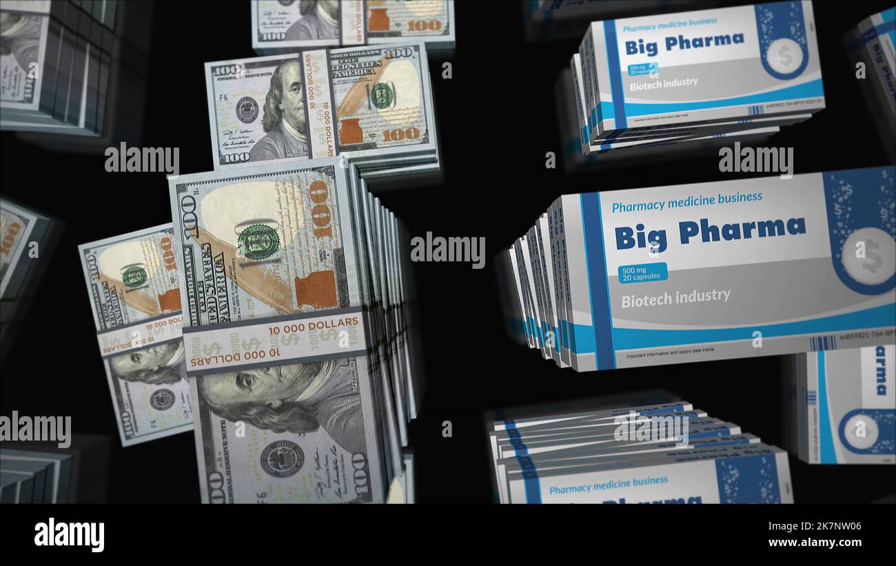 Big Pharma health box with UK Dollar money bundle stacks. Medicine, healthcare business and pharmaceutical industry. Abstract concept 3d illustration. Stock Photo