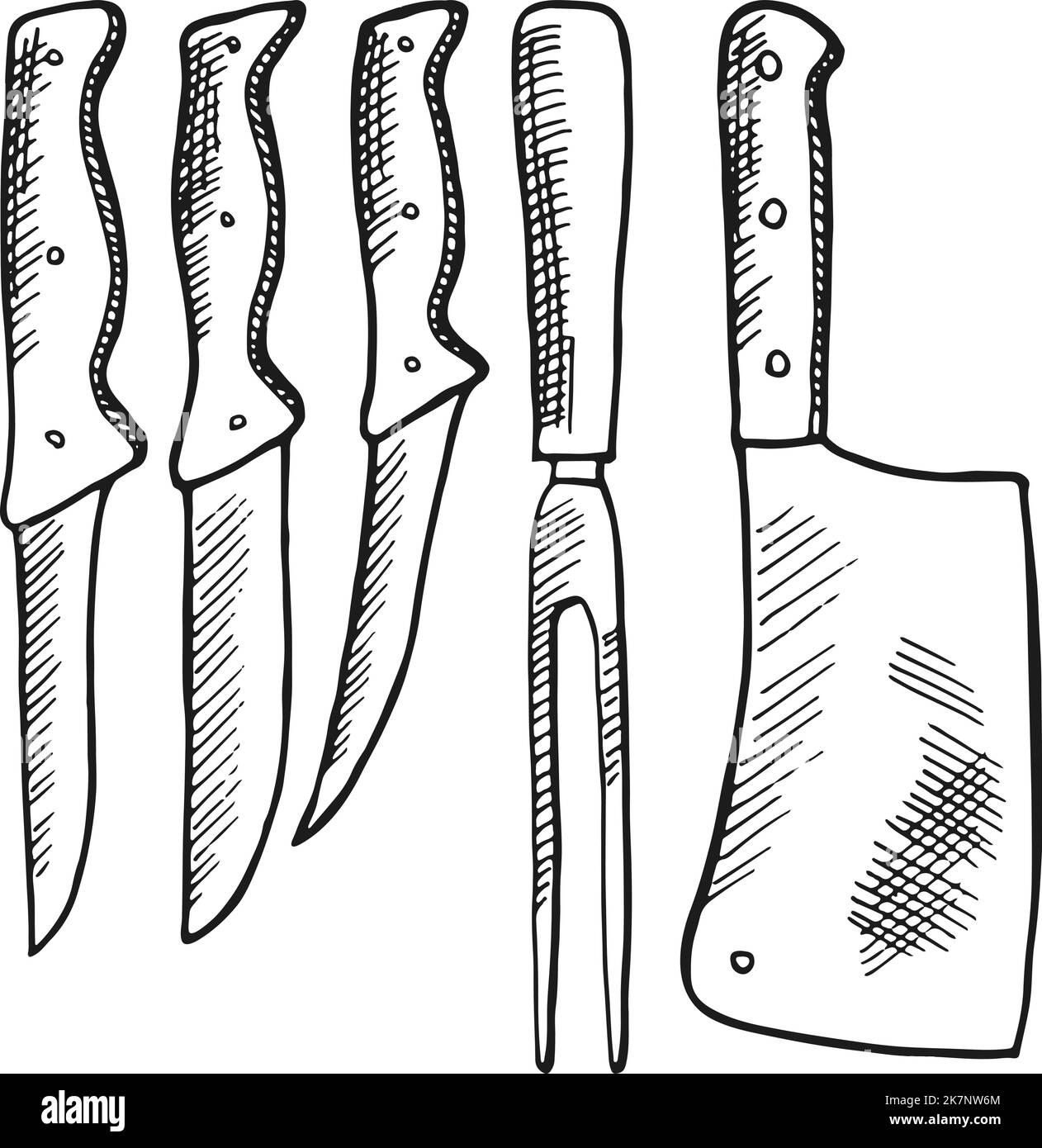 Knife types, French (chef`s), vector outline illustration with inscription  Stock Vector