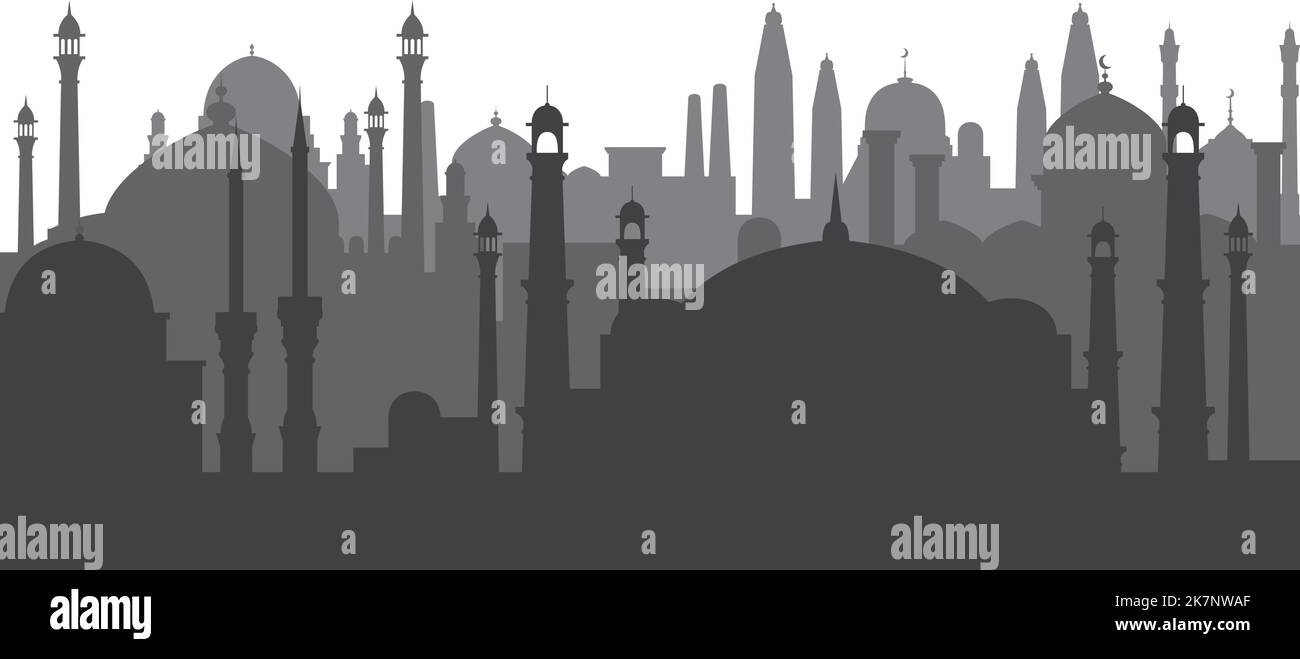 Islamic urban buildings silhouette. Black arabic cityscape Stock Vector ...