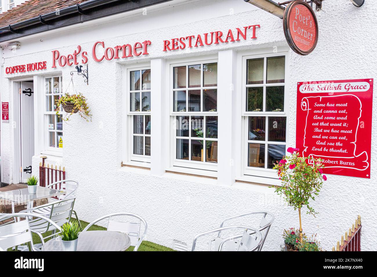 The Selkirk Grace by Robert Burns on the Poet's Corner Restaurant opposite Burns Cottage, Alloway, South Ayrshire, Scotland UK Stock Photo