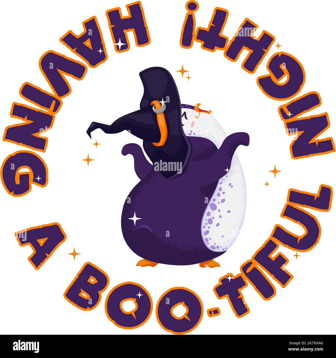 Halloween print with cute vector dancing penguin. Having a boo tiful night. Funny bird in a witch hat. Isolated. Stock Vector