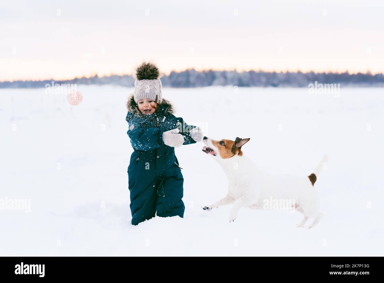Little girl playing with dog in deep snow throws toy ball to fetch