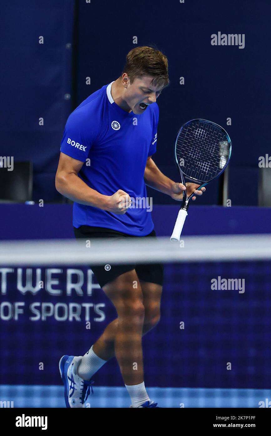Dutch Tim Van Rijthoven celebrates after scoring during the mens singles first round game between Dutch Van Rijthoven and Spanish Munar at the European Open Tennis ATP tournament, in Antwerp, Tuesday 18