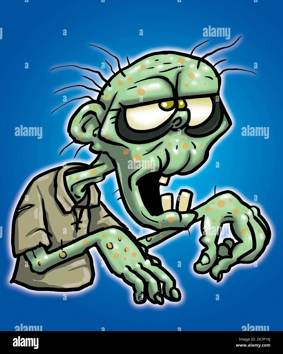 Funny cartoon art of zombie, suit Halloween party invites, menu art, newsletter, seasonal greetings card, Powerpoint art, book, editorial illustration Stock Photo