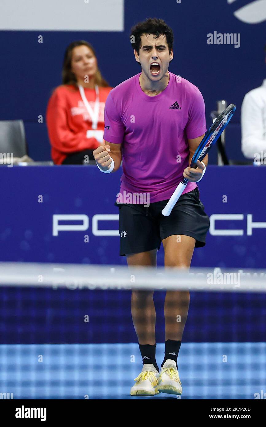 Spanish Jaume Munar celebrates winning his match the men's singles first  round game between Dutch Van Rijthoven and Spanish Munar at the European  Open Tennis ATP tournament, in Antwerp, Tuesday 18 October