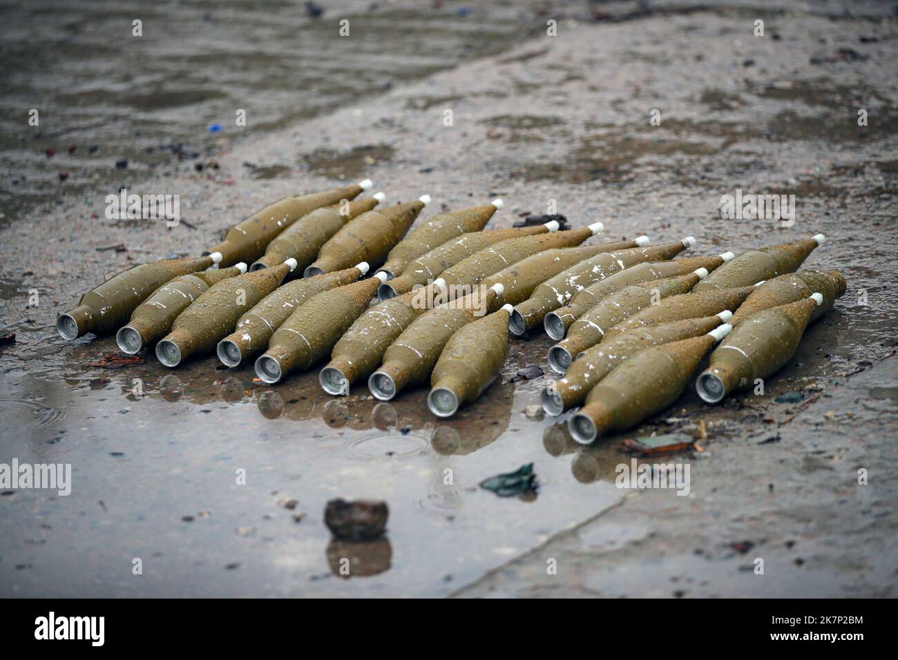KHARKIV REGION, UKRAINE - OCTOBER 09, 2022 - Shells found on the premises of an ammunition depot abandoned by the russian occupiers, Kharkiv Region, northeastern Ukraine. Stock Photo