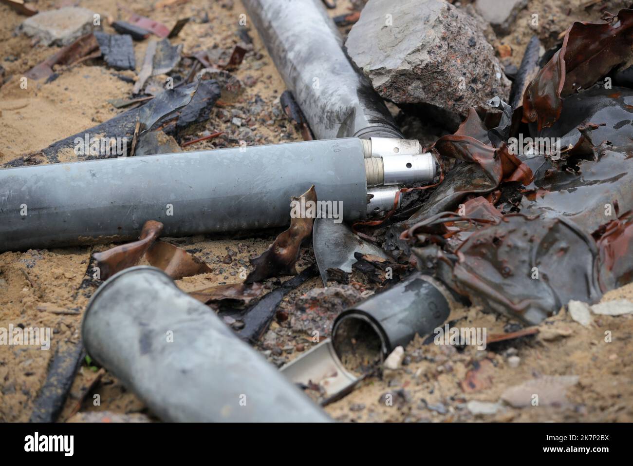 KHARKIV REGION, UKRAINE - OCTOBER 09, 2022 - Fragments of a rocket projectile found on the premises of an ammunition depot abandoned by the russian occupiers, Kharkiv Region, northeastern Ukraine. Stock Photo