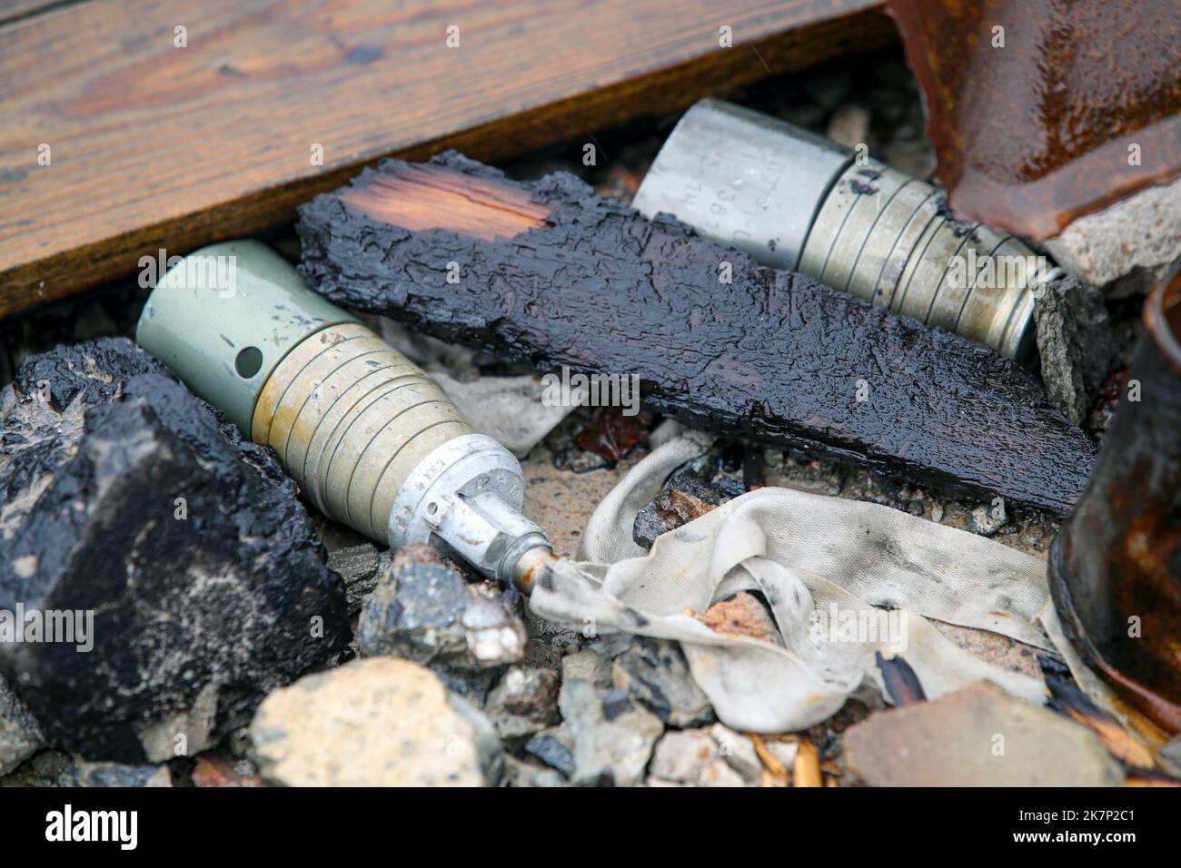 KHARKIV REGION, UKRAINE - OCTOBER 09, 2022 - A shell found on the premises of an ammunition depot abandoned by the russian occupiers, Kharkiv Region, northeastern Ukraine. Stock Photo