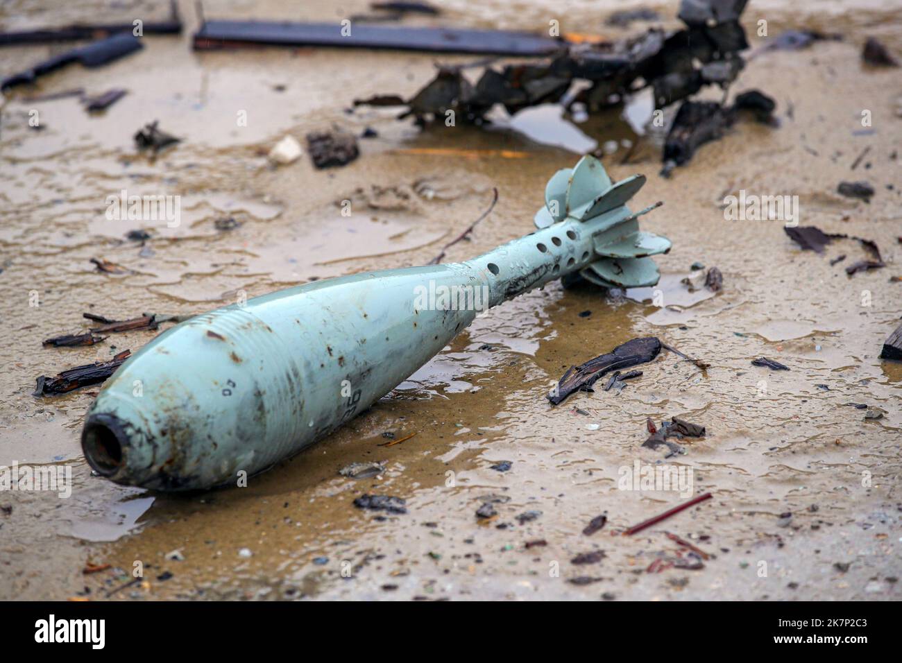 KHARKIV REGION, UKRAINE - OCTOBER 09, 2022 - A mortar mine found on the premises of an ammunition depot abandoned by the russian occupiers, Kharkiv Region, northeastern Ukraine. Stock Photo