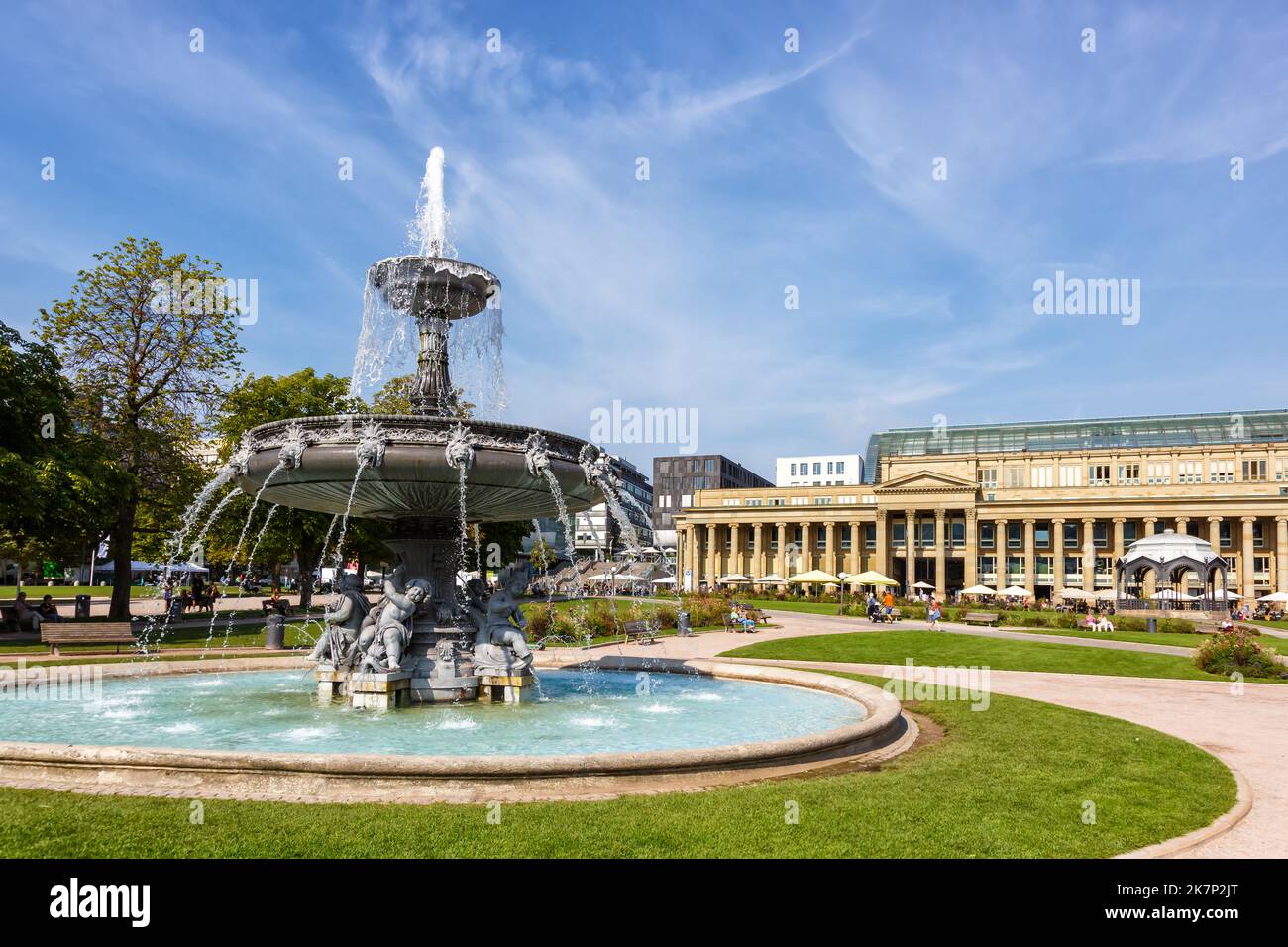 Stuttgart city town Castle square Schlossplatz with fountain travel in Germany Stock Photo