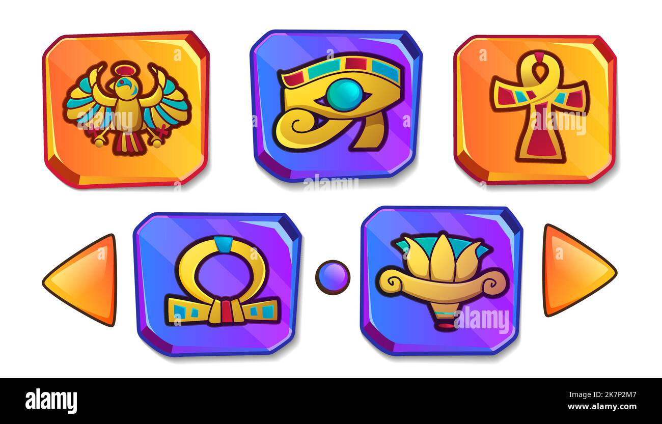 Cartoon stone board with egyptian culture religious symbol. Ancient Egypt icons for game user interface. Vintage objects of scarab, eye of horus, scarab, ankh cross, lotus, sun god. Protective amulet. Stock Vector