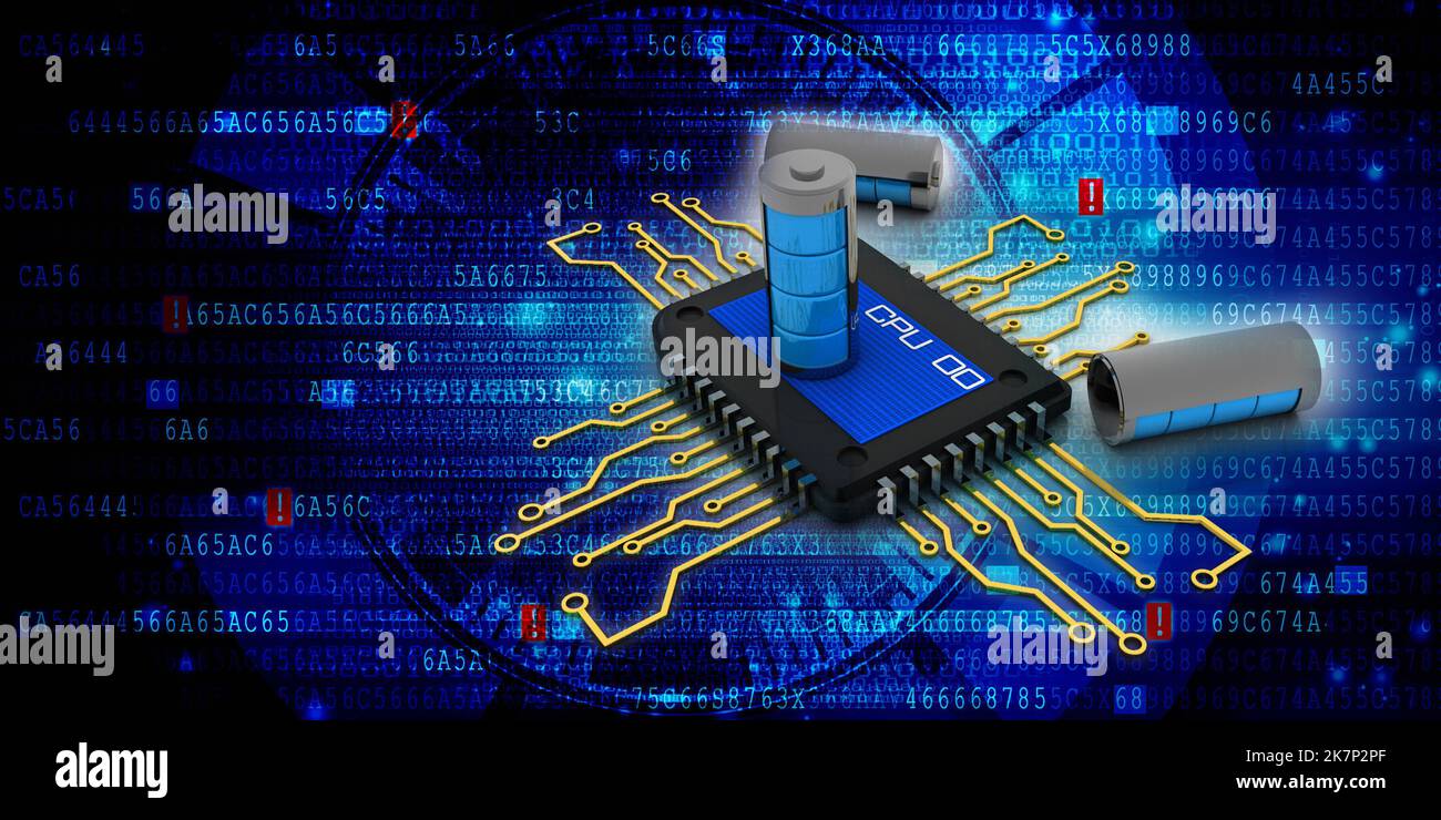 3d rendering latest computer microchips with battery Stock Photo