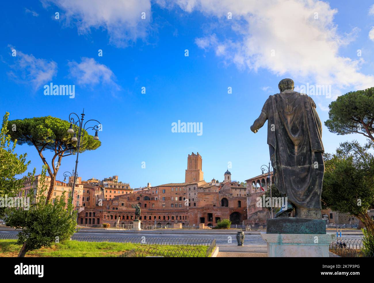 Urban view of Rome: Imperial Forum of Trajan seen from Via dei Fori Imperiali, Italy. Stock Photo