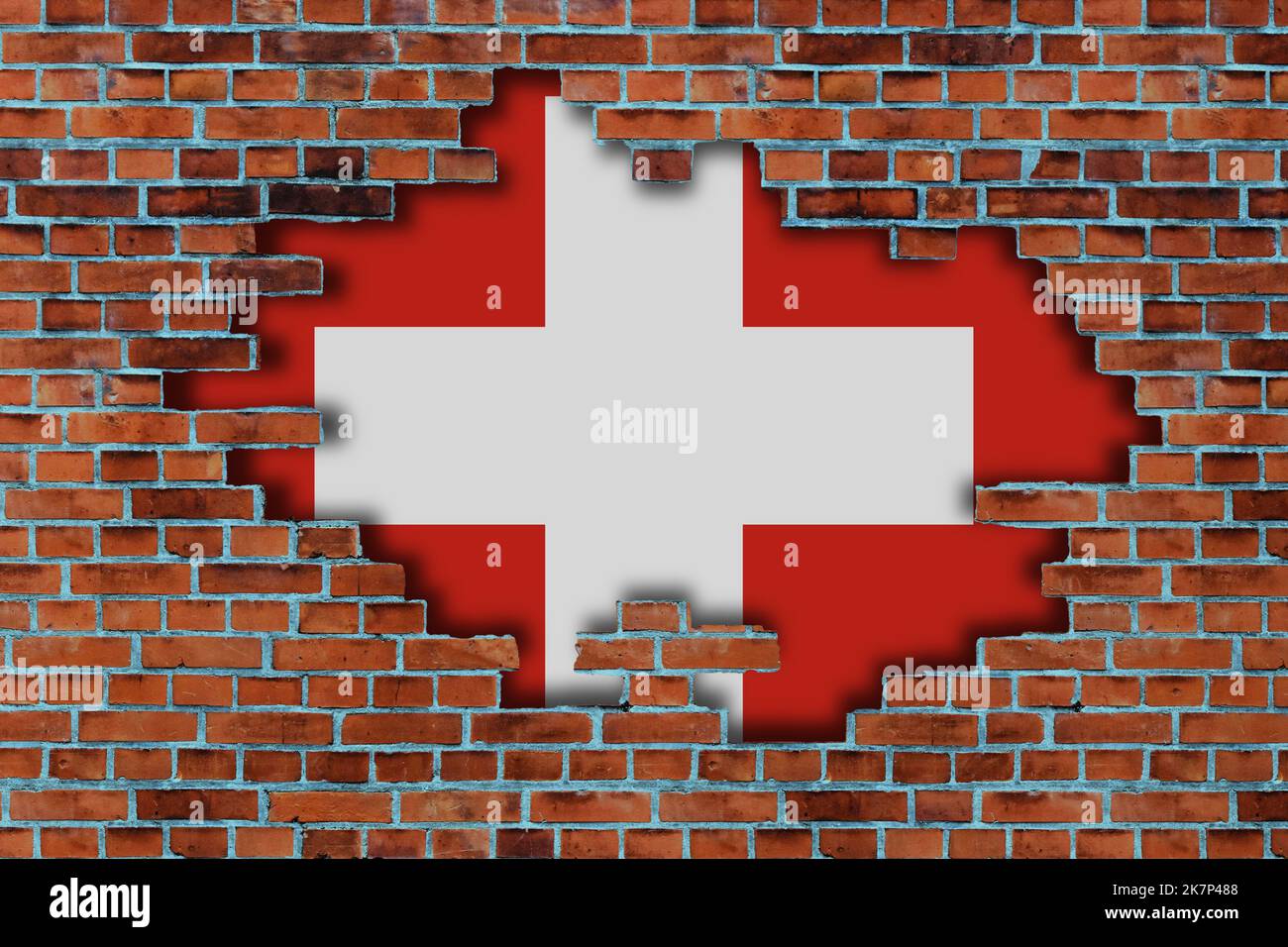 3D Flag of Switzerland behind the broken old stone wall background ...