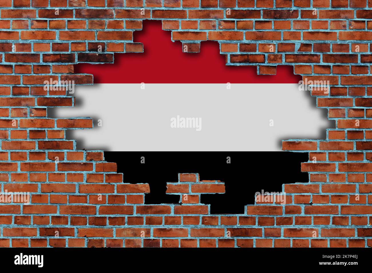 3D Flag of Yemen behind the broken old stone wall background Stock ...