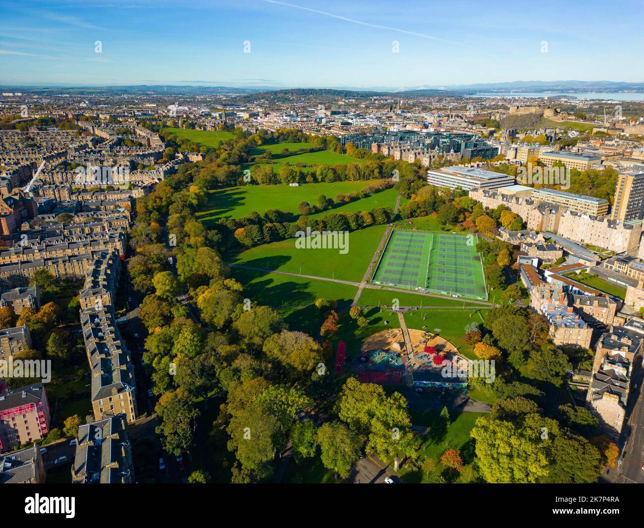 Aerial view of The Meadows public park in Edinburgh, Scotland, UK Stock