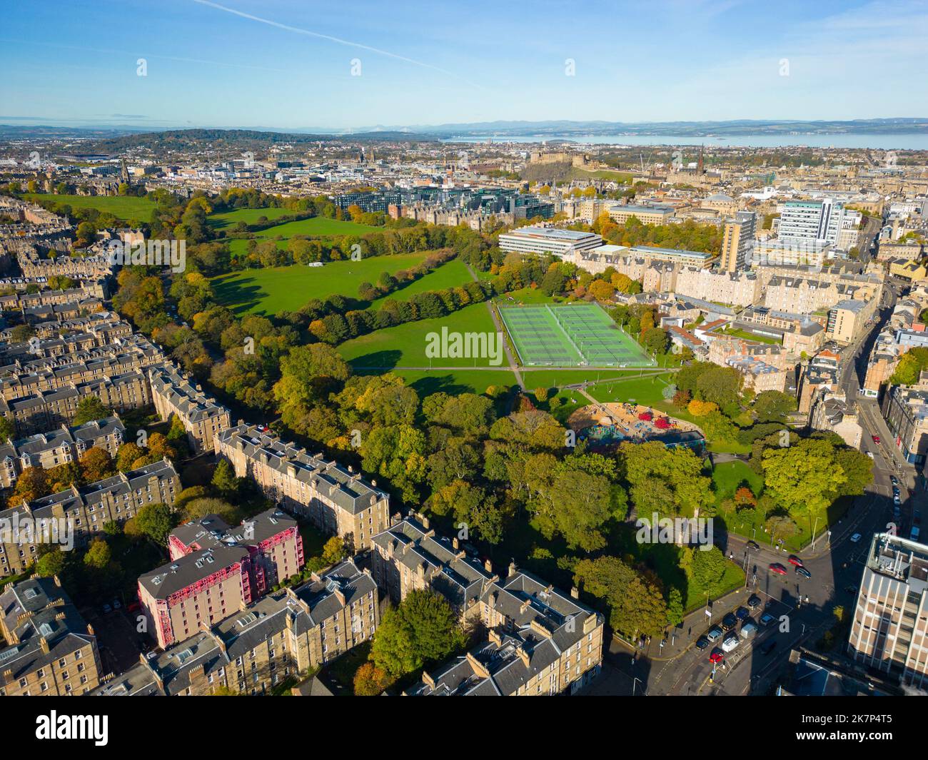 Aerial view of The Meadows public park in Edinburgh, Scotland, UK Stock