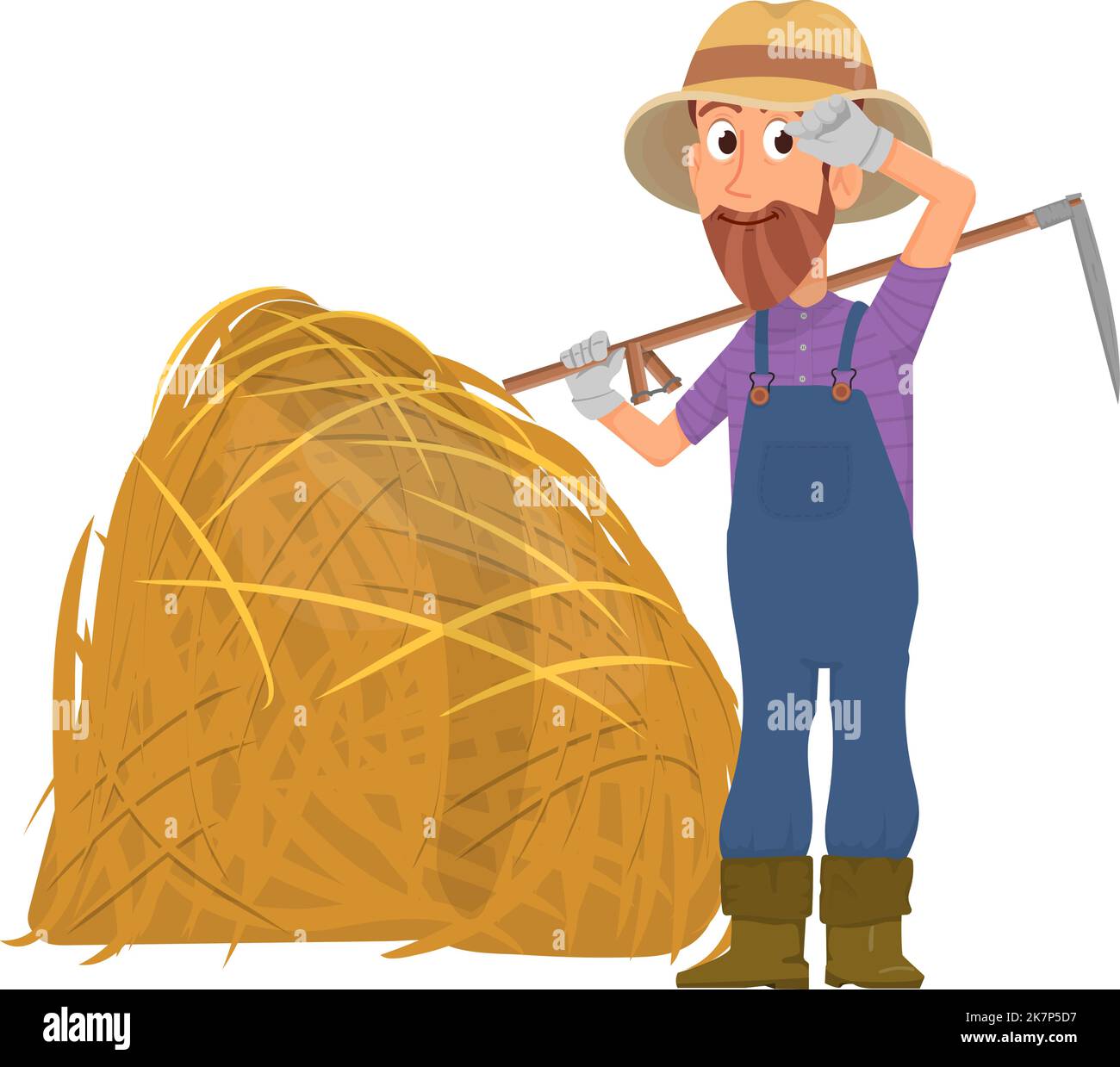 Farmer with hay bale. Cartoon man with scythe. Farm harvesting Stock Vector