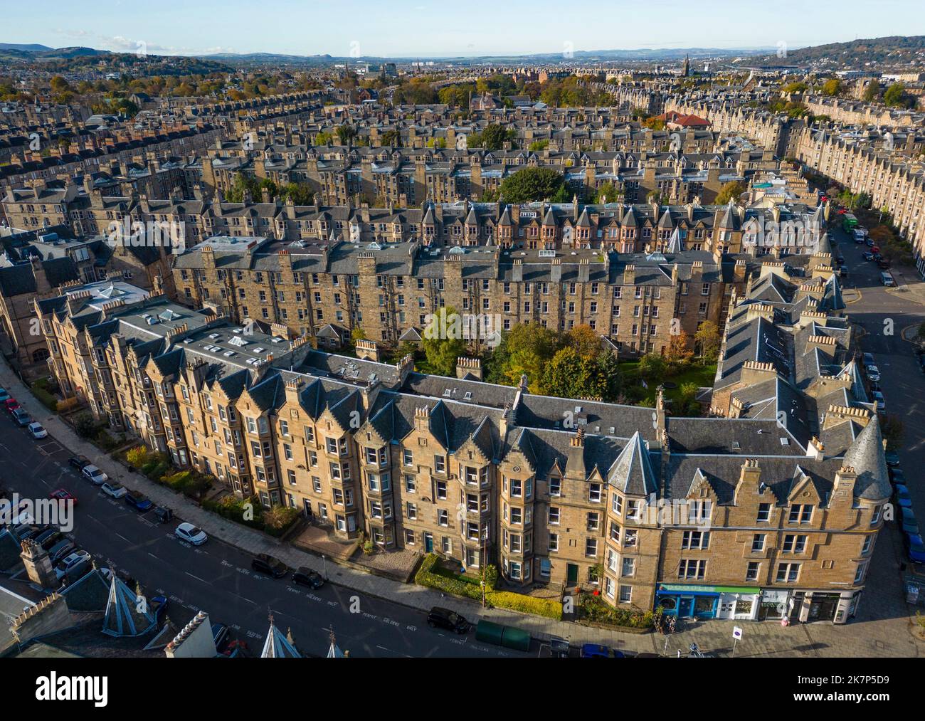 Aerial view of tenement houses in upmarket residential district of Marchmont in Edinburgh, Scotland, UK Stock Photo
