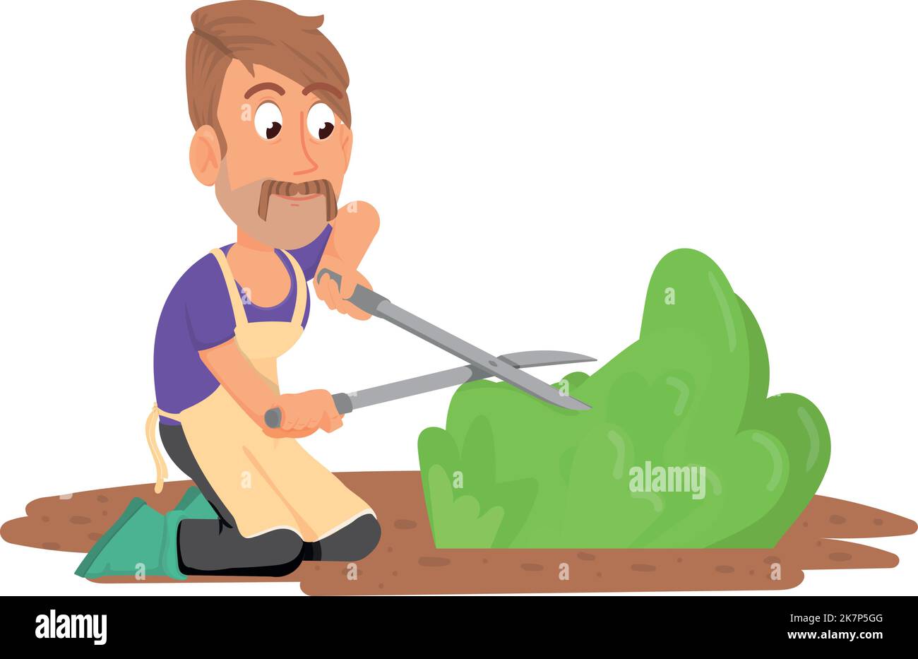 Gardener trimming green bush. Cartoon farmer with scissors Stock Vector