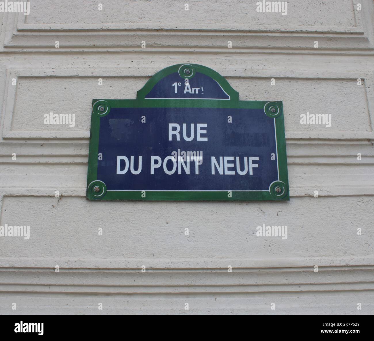 Typical Paris street-sign here depicting the Rue du Pont Neuf located in the 1st arrondissement in Paris France. Stock Photo
