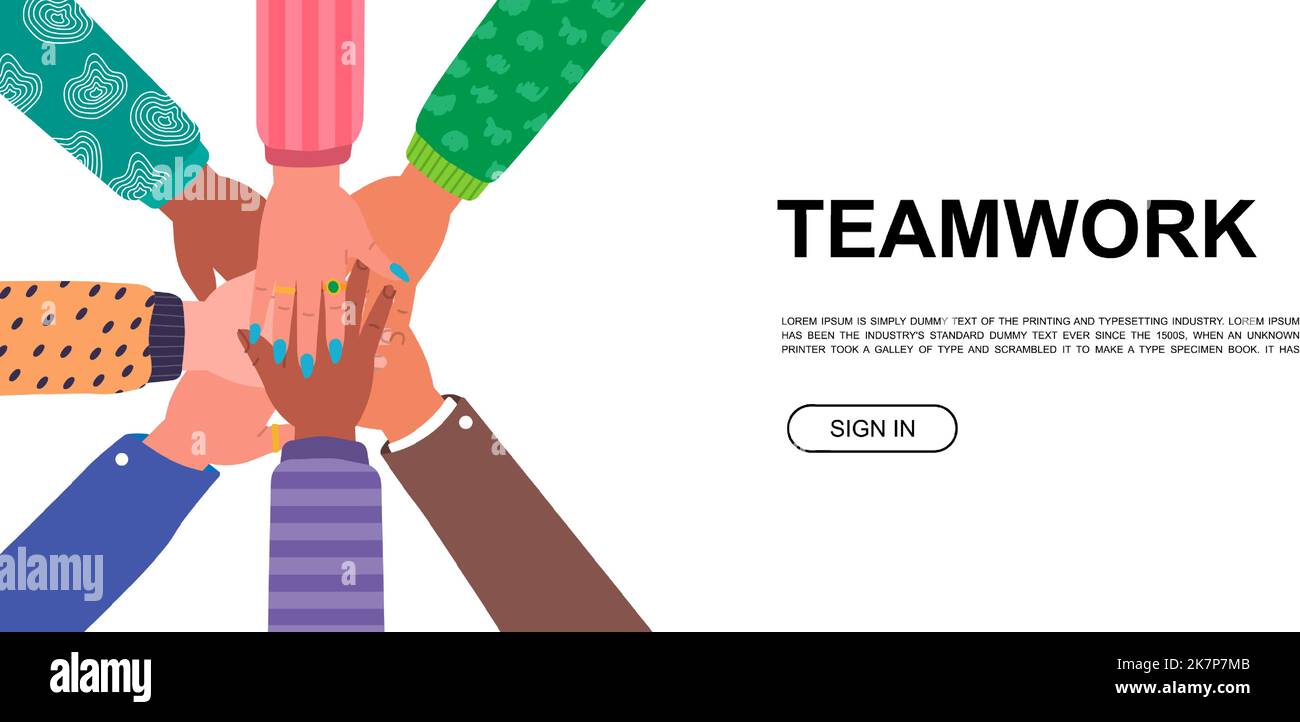 Teamwork. Hands together horizontal banner. Multi-ethnic hands together ...