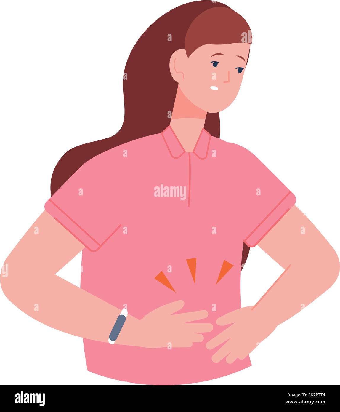 Stomach ache symptom. Woman suffer with abdominal pain isolated on