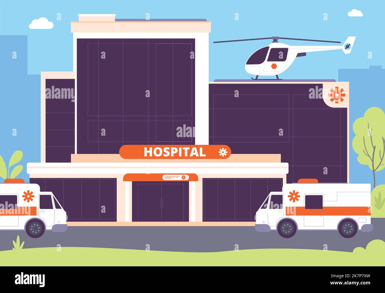 Hospital exterior with ambulance cars. City medical center landscape. Vector illustration Stock Vector