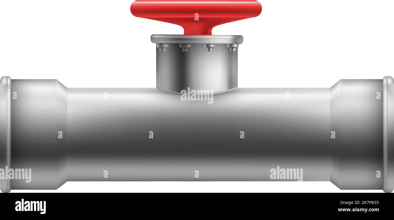 Metal tube with red valve. Water pipe mockup isolated on white