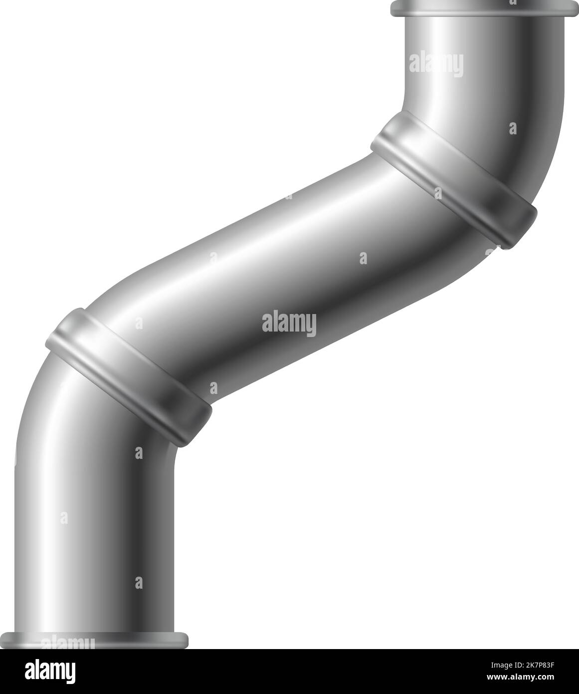Curved pipe joint mockup. Reaistic metal pipeline isolated on white background Stock Vector