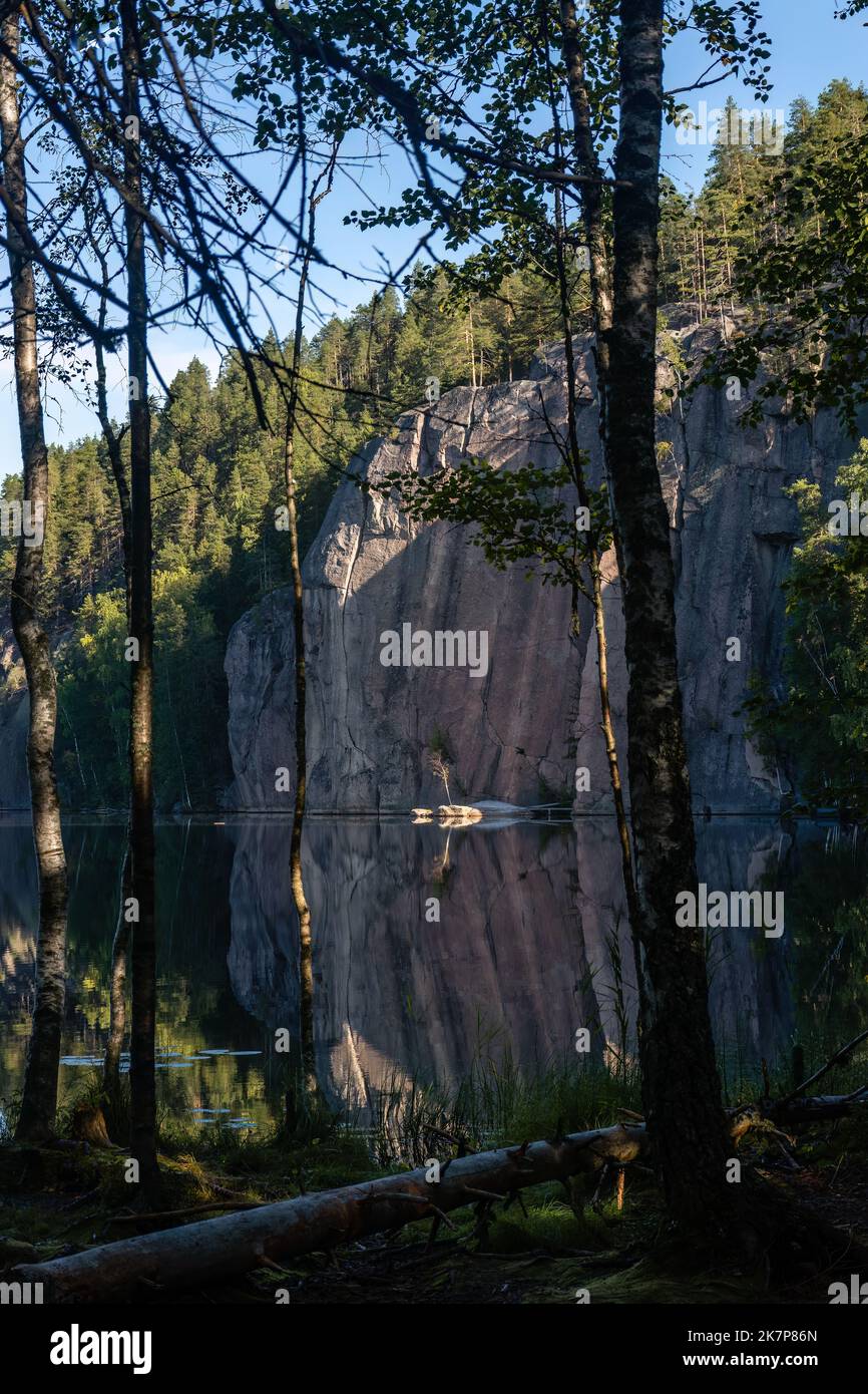Olhavanvuori (Olhava Mountain), rising 50 meters up from the water in Repovesi National Park. Seen from between the trees on opposite shore. Popular r Stock Photo