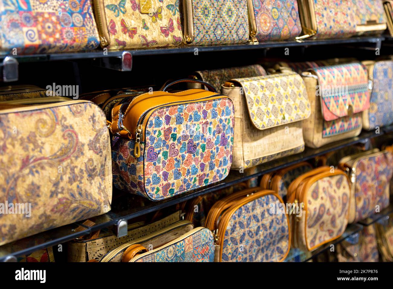 Selection of bags made of cork at Cork O' Clock shop, Cadiz, Andalucia