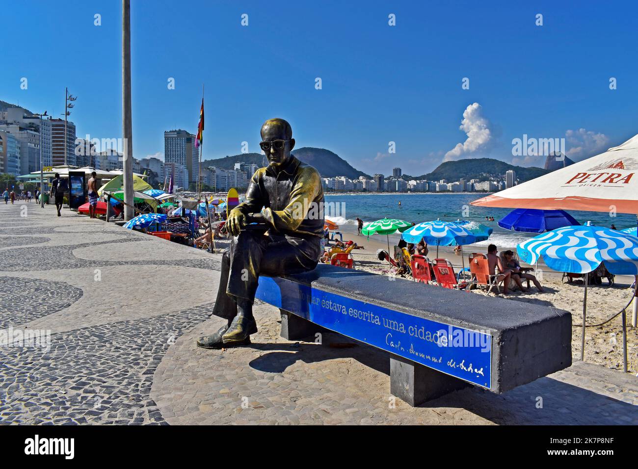 RIO DE JANEIRO, BRAZIL - MARCH 16, 2022: Brazilian poet Carlos Drummond de Andrade sculpture, Copacabana beach Stock Photo