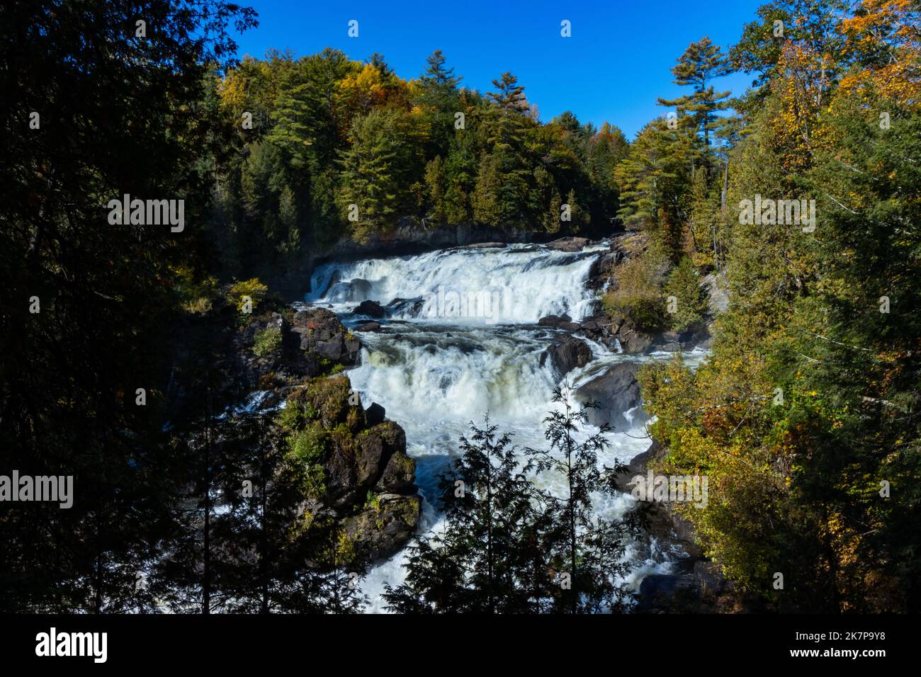 Plaisance waterfall is surrounded by pine and deciduous forest; a