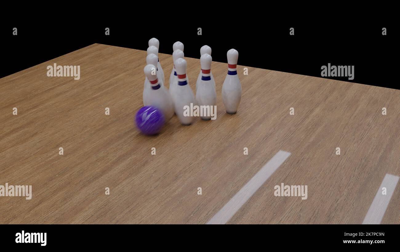 A 3d render of a bowling ball hitting pins with motion blur Stock Photo
